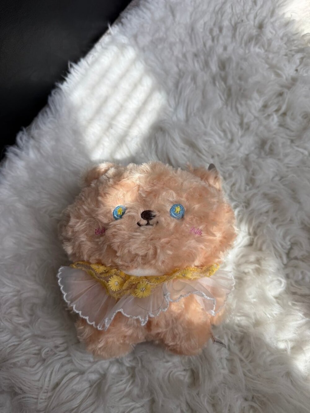 Tan Teddy Bear Plush with Blue Star Eyes and Lace Collar, New with Tags